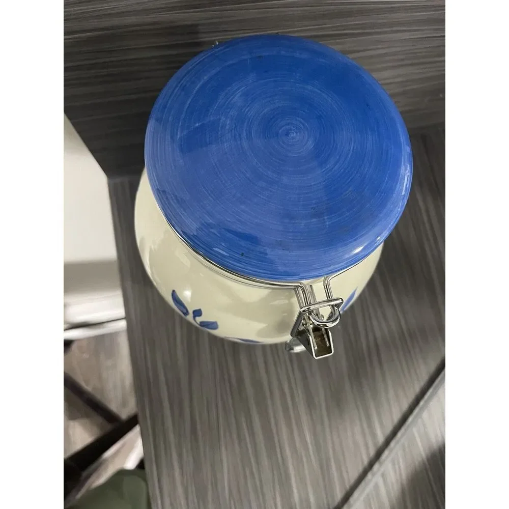Inspirado Canister Cookie Jar White Blue Vines Stonelite Hinged Sealed Lid 9.75